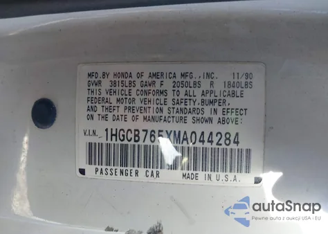 1991 Honda Accord Lx/Ex z USA, uszkodzony, nr VIN 1HGCB765XMA044284
